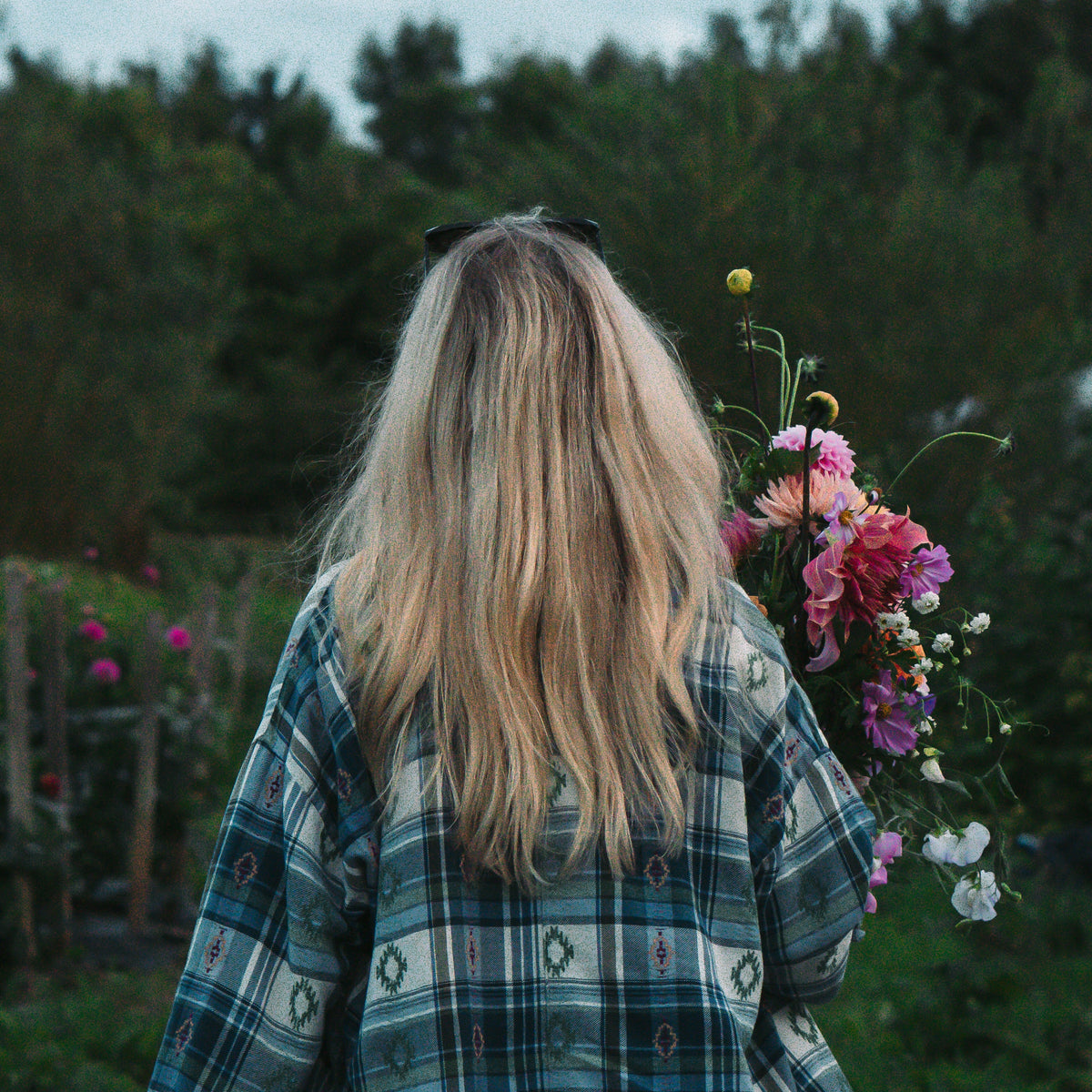 A woman seen from behind wearing an oversized blue and green plaid flannel shirt, holding a bouquet of pink and purple wildflowers in a grassy outdoor setting under a cloudy sky.